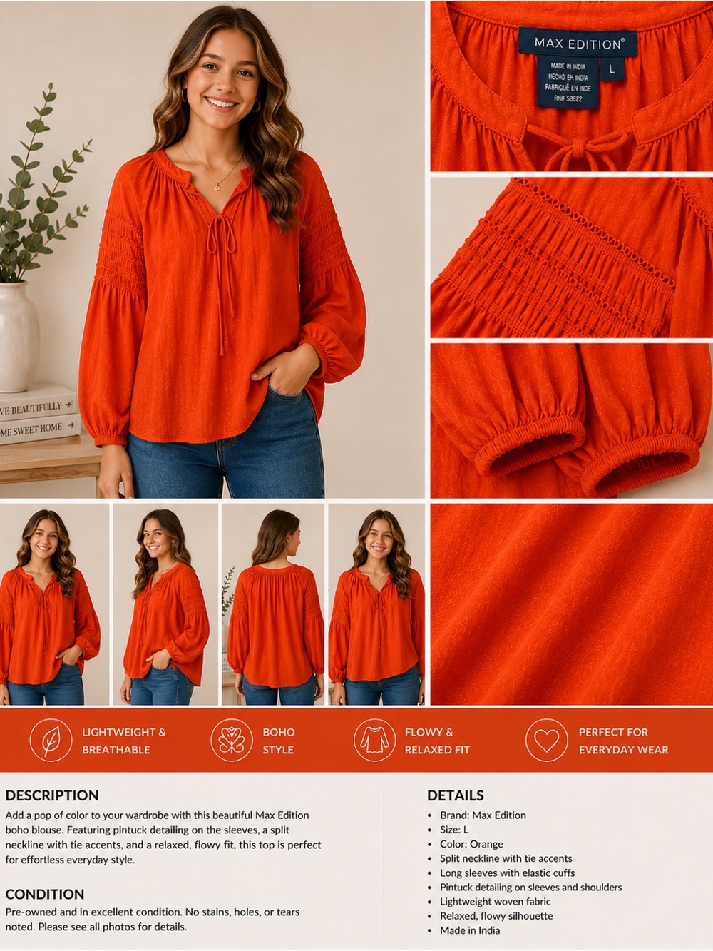 Max Edition Bright Orange Peasant Blouse with Smocked Sleeves